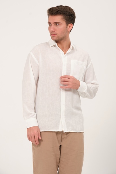 Domoda Біла сорочка з текстурованою тканиною, зручний крій, літня, з однією кишенею, для чоловіків @teramo