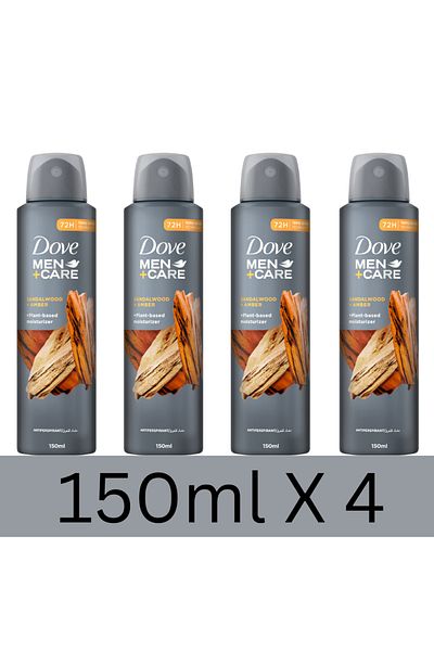 Dove Men +Care Antiperspirant Spray, Sandalwood & Amber, Plant-Based Moisturizer, 150ml x4