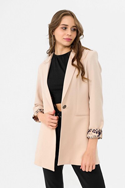 ŞİMAL Women's Lining Leopard Print Single Button Closure Blazer Jacket 255257 -
