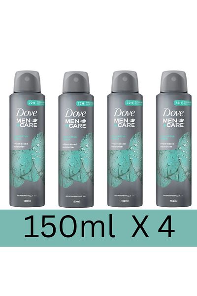 Dove Men Care Deodorant Spray, Eucalyptus & Birch, 72-Hour Protection, Plant-Based Moisturizer, 150ml x4
