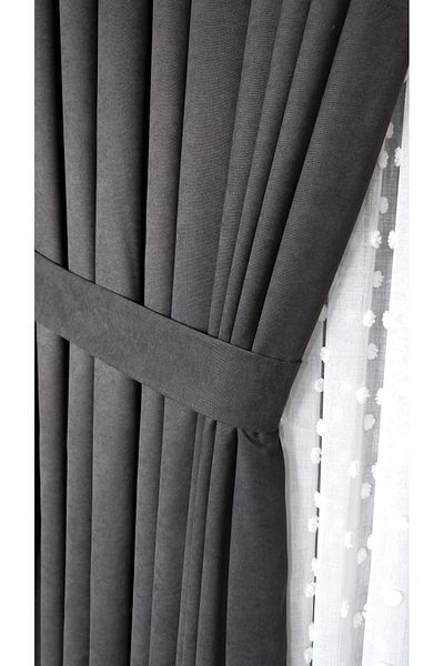 Yuka Anthracite Velvet Textured Double Wing Curtain - 1/3 Dense Pleated Solid Color Background