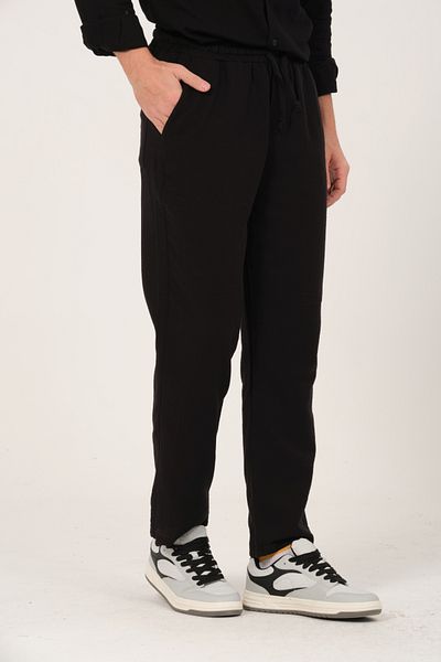 Domoda Black 100% Cotton Muslin Fabric Relaxed Cut Elastic Waist Front Double Pocket Summer Men's Trousers @Acerra