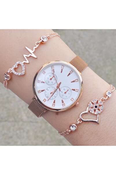 Goldpower Rosegold Hasır Mıknatıslı Kordon Kadın Saat Kombini 8639