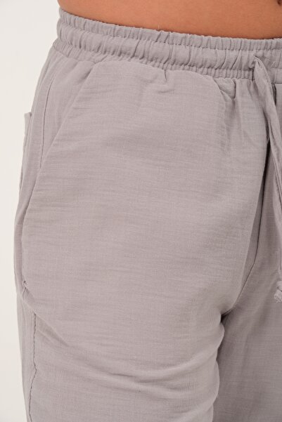 Domoda Gri %100 Pamuk Müslin Kumaş Rahat Kesim Beli Lastikli Ön Çift Cep Yazlık Erkek Pantolon @acerra
