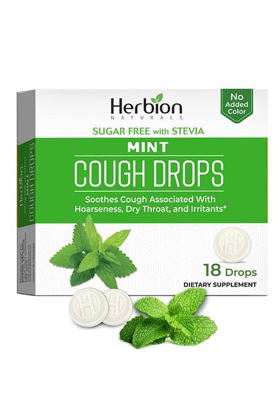 Herbion Naturals Sugar-Free Mint Cough Drops with Stevia, Soothes Cough, for Adults & Kids 6+, 18 Drops