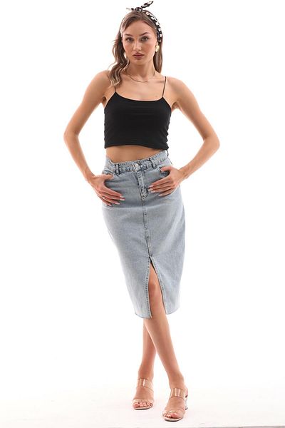 ŞİMAL Fusta de damă din denim cu detaliu cu fantă în față 250369   -