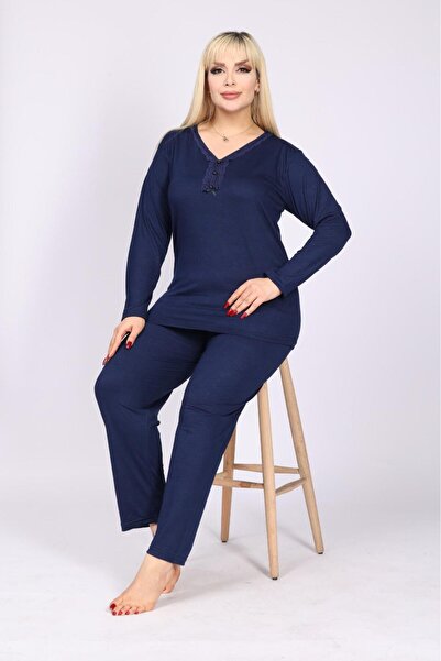 Elit Жіночий великий розмір з коміром на ґудзиках, довгими рукавами, трикотажний піжамний комплект темно-синього кольору