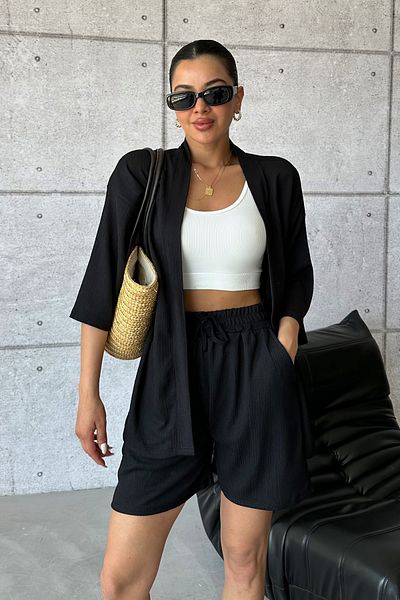 Know Women's Black Kimono Shirt Shorts Top and Bottom Set