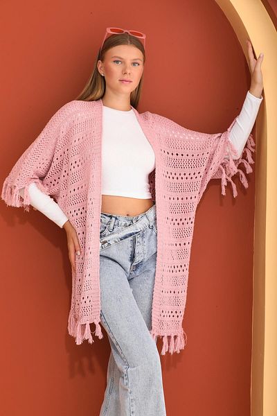 ŞİMAL Cardigan tricotat pentru femei cu mâneci liliac cu ciucuri 250373   -