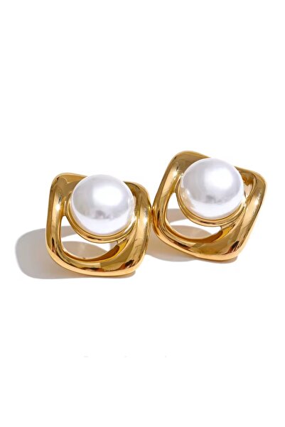 İPAR AKSESUAR Square Metal Gold Earring with Large Pearl