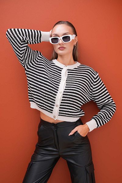 ŞİMAL Women's Stripe Patterned Metal Button Knitted Cardigan 245283   -