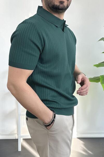 Edwox Ανδρικό μπλουζάκι με ριγέ μοτίβο με ανοιχτό γιακά σκούρο πράσινο Edw258