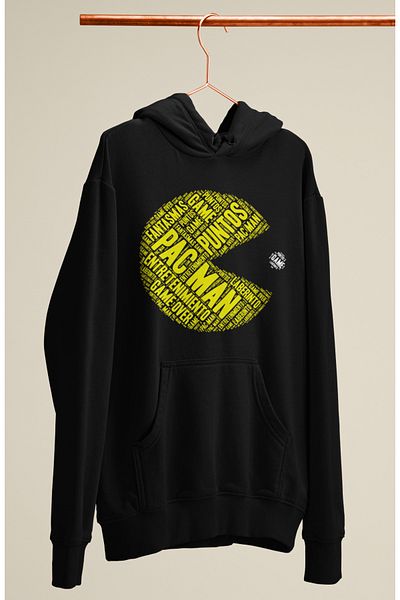 Fuddy Moda Hanorac cu glugă cu imprimeu caligrafic Pac-Man, hanorac supradimensionat unisex cu glugă cu imprimeu Pac-Man