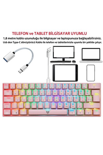 Blueforce Majesty 62 Tuşlu Rgb Tkl Mekanik Gaming Klavye Red Switch %60 Pembe