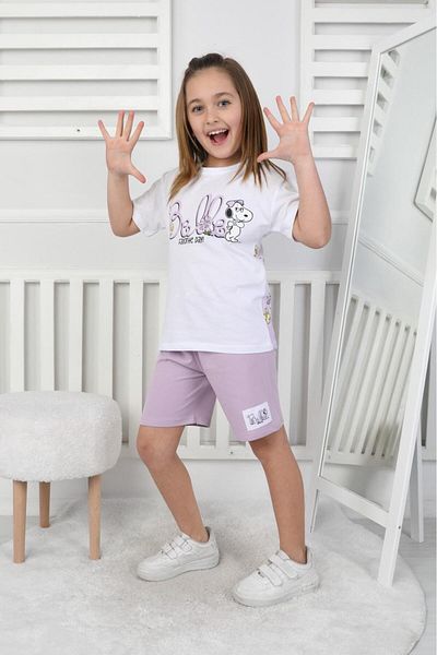 NEWKİDS 3-8 Years Old Printed Shorts Girl's Suit 100% Cotton