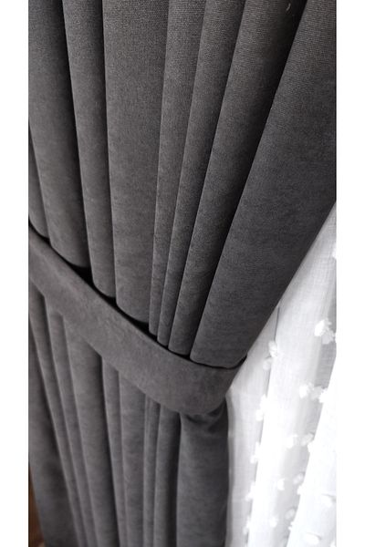 Yuka Anthracite Velvet Textured Double Wing Curtain - 1/3 Dense Pleated Solid Color Background