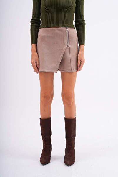 ŞİMAL Women's Zipper Detailed Suede Skirt with Shorts 255288 -