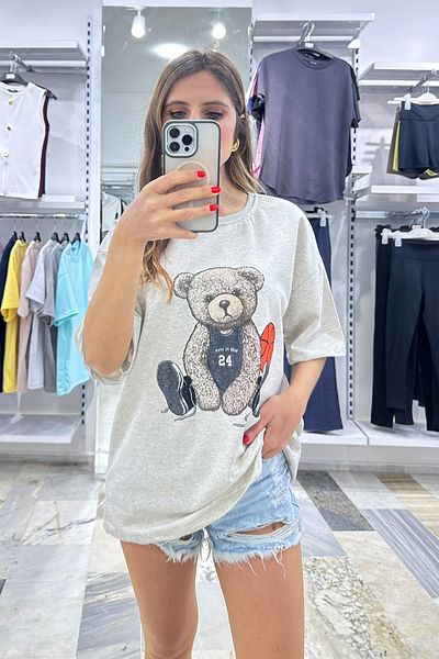 CİDDE Women's Oversize Cotton Basket Teddy Bear Patterned T-Shirt