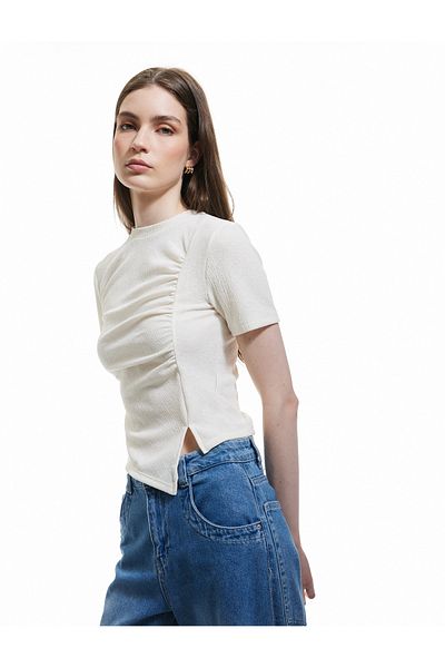 Koton Asymmetrical Drape Detailed Short Sleeve Crew Neck T-Shirt