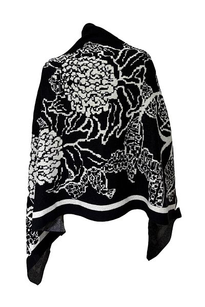 BRV Tekstil Floral Patterned Black and White Winter and Seasonal Knitwear Shoulder Shawl Scarf