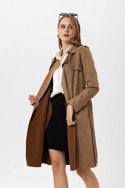 ŞİMAL Women's Suede Coat with Belt Detail - 245300