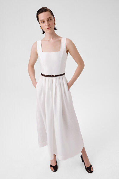 Triko Mısırlı Ekru Kare Yaka Kemer Detaylı Uzun Elbise