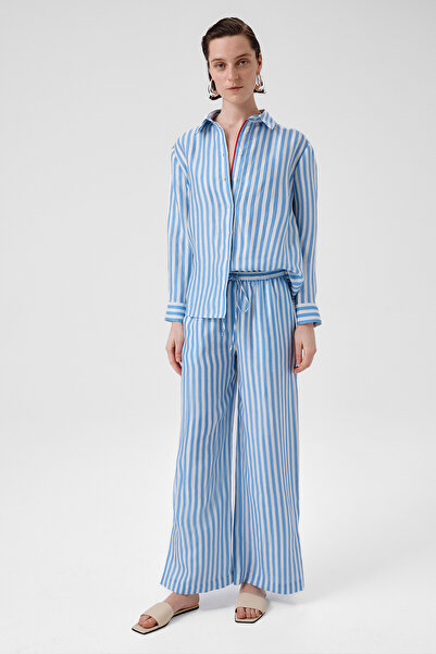 Triko Mısırlı Mavi Beyaz Çizgili Paçası Yırtmaçlı Kadın Pantolon