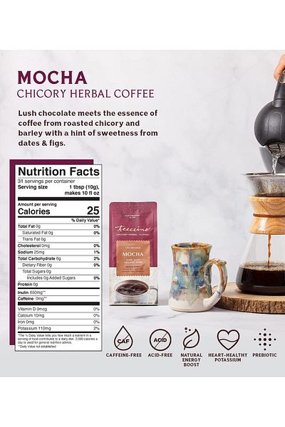 Teeccino Mocha Chicory Coffee Alternative - Ground, Prebiotic, Caffeine-Free, Acid-Free, Medium Roast, 11oz