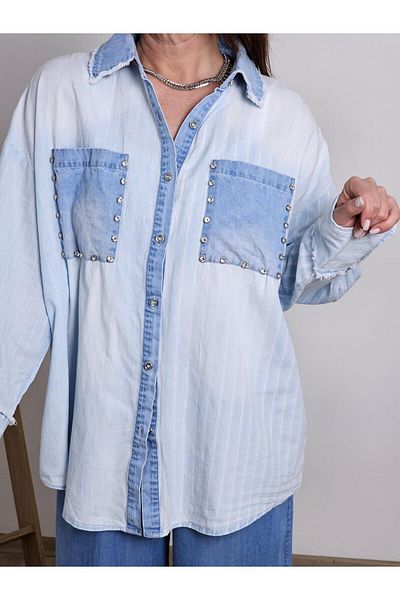Felix Butik Feli̇x13328 Collar and Pocket Denim Stone Detailed Striped Washed Imported Shirt