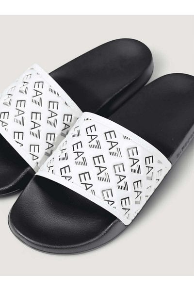 EA7 Unisex EA7 Άνετη επίπεδη σόλα με μοτίβο κειμένου Λευκό-Μαύρο Παντόφλες 7X 000109   AF15125-F0043