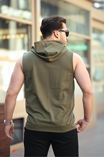 Miron Khaki Basic Hooded Athlete Tank Top Sleeveless T-Shirt - 2504