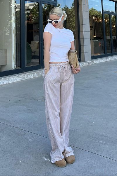 Madmext Beige Striped Draped Wide Leg Trousers - Adjustable Waist MG2087