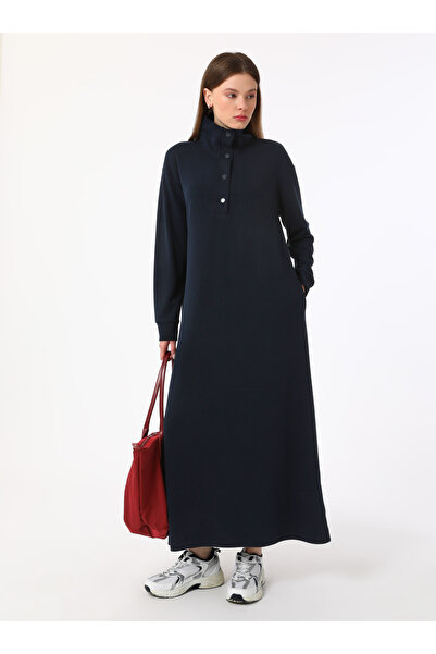 Benin Snap Λεπτομερές φόρεμα Hijab με μαλακές κούμπες - Navy Blue -