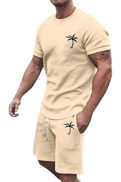 aynewmoda Shorts Set, Men's Premium Shorts with Pockets, Round Neck, Coconut Tree Graphics