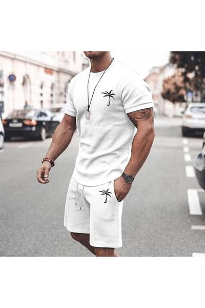 aynewmoda Shorts Set, Men's Premium Shorts with Pockets, Round Neck, Coconut Tree Graphics