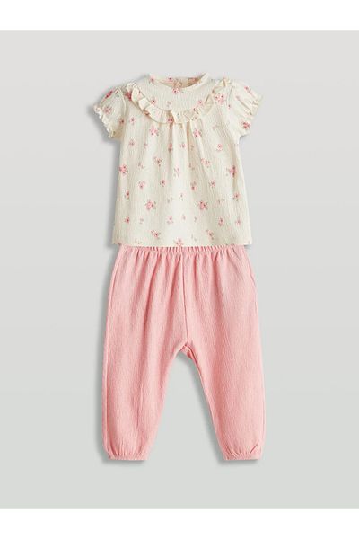 LC Waikiki Lcw Baby Ecru Frilly Floral Baby Girl Blouse and Pants 2 Pcs