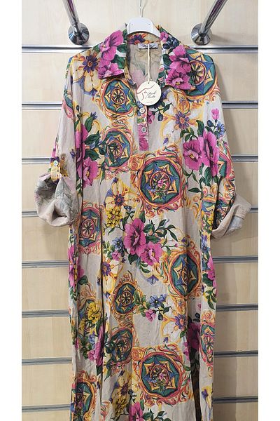 Park Moda Μακρύ λινό φόρεμα Ethnic Floral μοτίβο