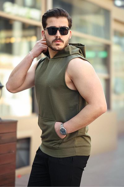 Miron Khaki Basic Hooded Athlete Tank Top Sleeveless T-Shirt - 2504