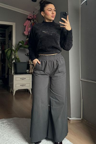 Qenz Wide Leg Trousers with Elastic Waist - Anthracite