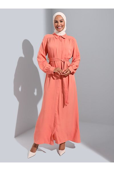 Refka Natural Fabric Neck Hidden Buttoned Hijab Dress - Dark Salmon - Woman