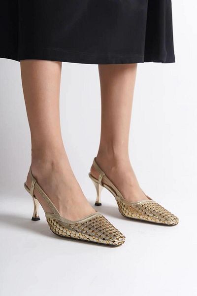 diclepolat Women's Gold Open Back Blunt Toe Stone Medium Heeled Women's Shoes 5 cm