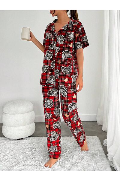 VG BOND MODA Print Buttoned Short Sleeve Single Jersey Women's Pajama Set - Vg138