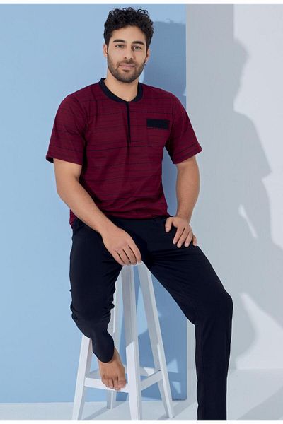 bie's Ανδρικό μπορντό λαιμόκοψη - 3 κουμπιά Modal Kütai Σετ πιτζάμες