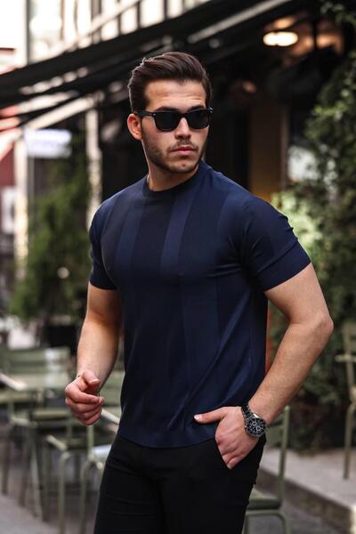 Pobudo Men's Short Sleeve Navy Blue Knitwear T-Shirt