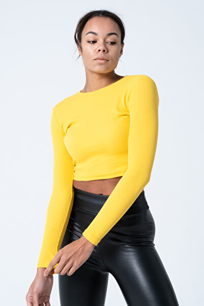 PUNKY CAT Women's Yellow Long Sleeve Ribbed Blouse Crop Knitted T-Shirt