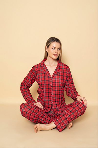 Sude HOMEWEAR Women's Shirt Plaid Pattern Long Sleeve Pajama Set