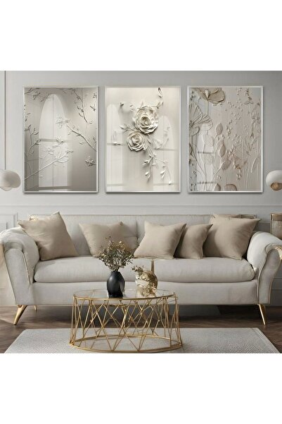 KOLAJTASARIM Bohem Çiçek Desenli Krem Tonlu Gümüş Metal Çerçeveli Cam Tablo /S