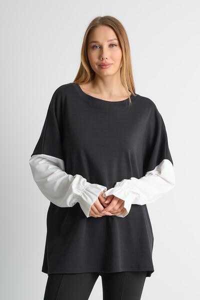 Fırfırlı Kol Detaylı Garnili Renk Bloklu Kadın Sweatshirt