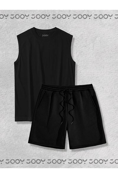 Jooy Μαύρο αμάνικο αθλητικό μπλουζάκι Oversize - Μαύρο χτενισμένο βαμβακερό σορτς Σετ 2 τεμαχίων