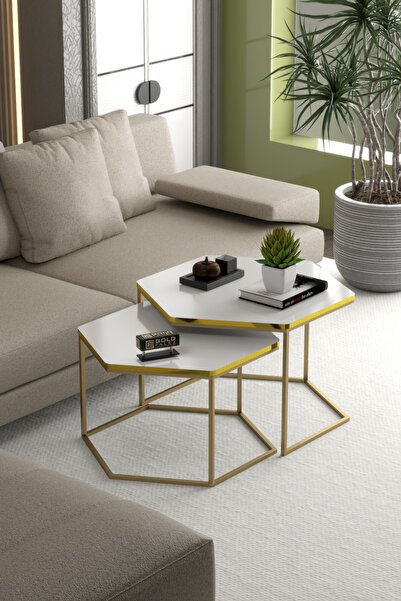 GOLDFALEZ Orta Sehpa Altıgen İkili Lüx Gold Beyaz